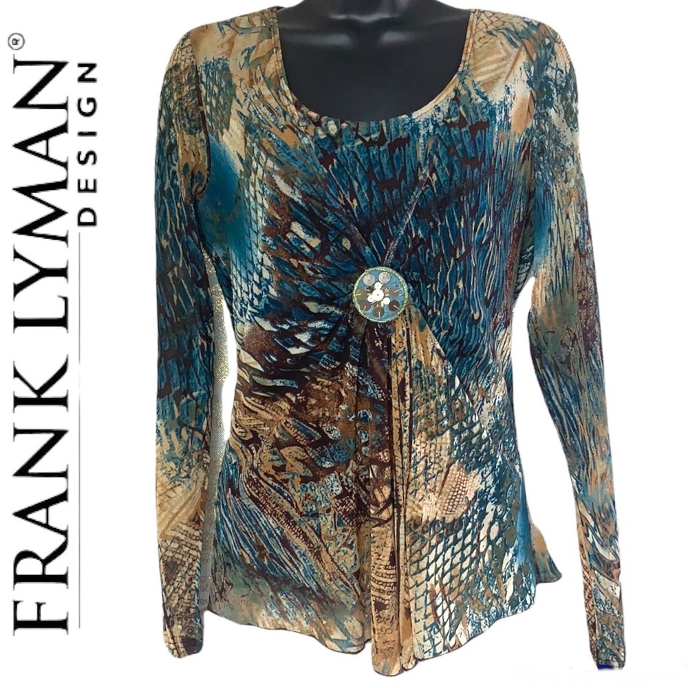 Frank Lyman Blue/Tan Printed Long Sleeve Semi-Sheer  Blouse